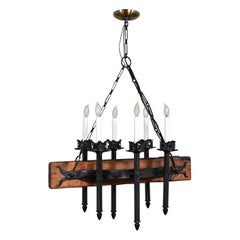 Vintage Medieval Gothic Spanish Revival Iron & Wood Beam Hanging Light Fixture Mexico