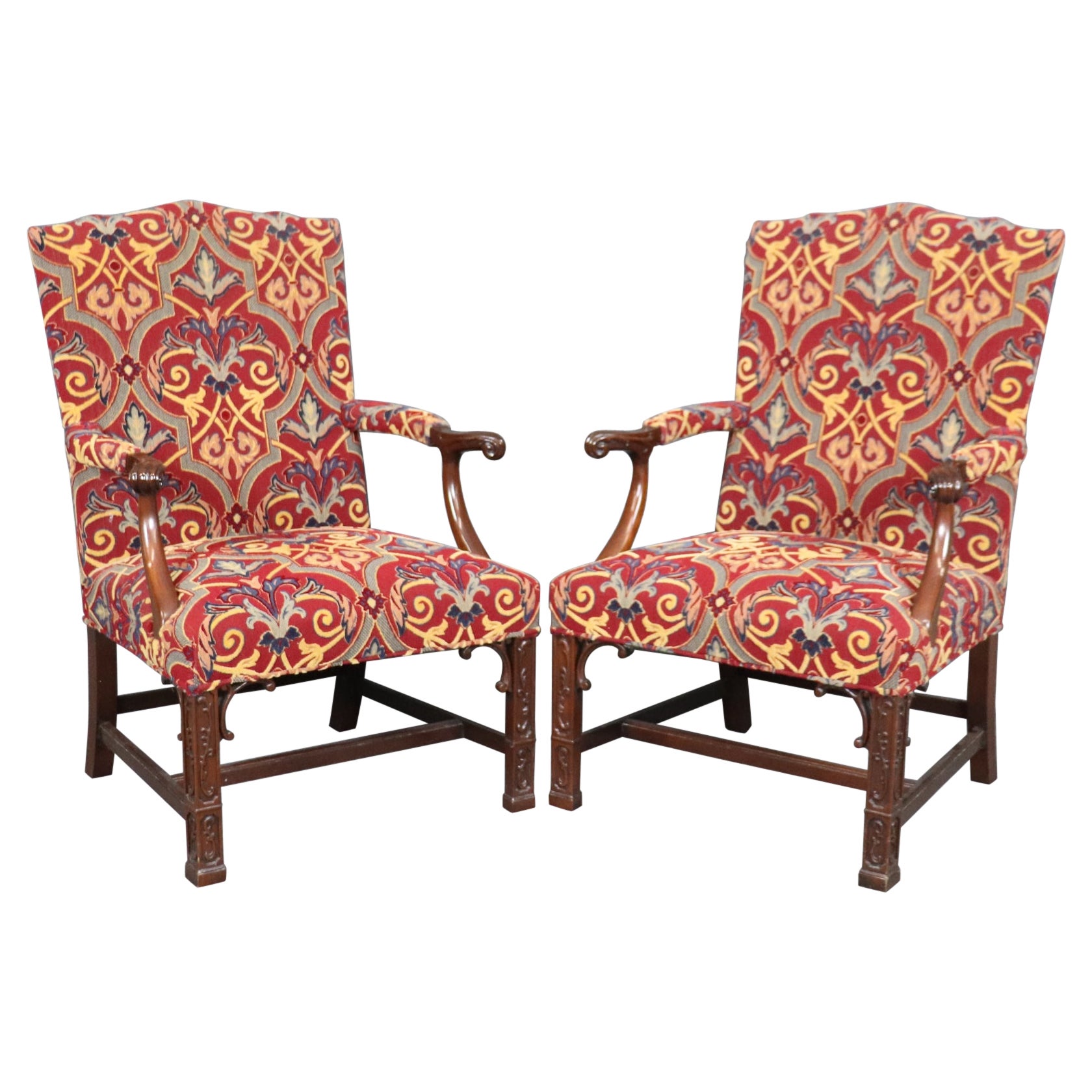 Pair of Solid Mahogany Blind Fretwork Chinese Chippendale Armchairs By Southwood For Sale