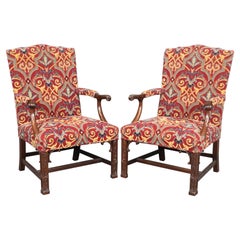 Pair of Solid Mahogany Blind Fretwork Chinese Chippendale Armchairs By Southwood