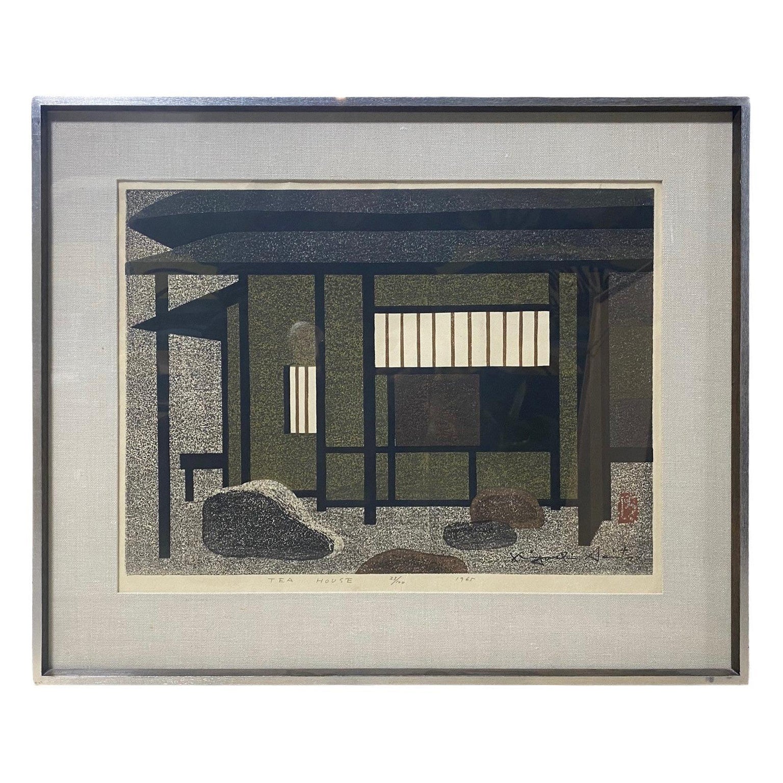 Kiyoshi Saito Signed Limited Edition Japanese Woodblock Print Tea House, 1965 For Sale