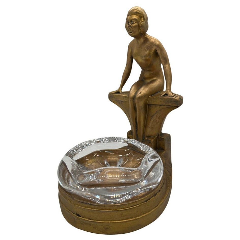 Nuart Art Deco Nude Woman Seated Over a Pool Bronze and Crystal Ashtray