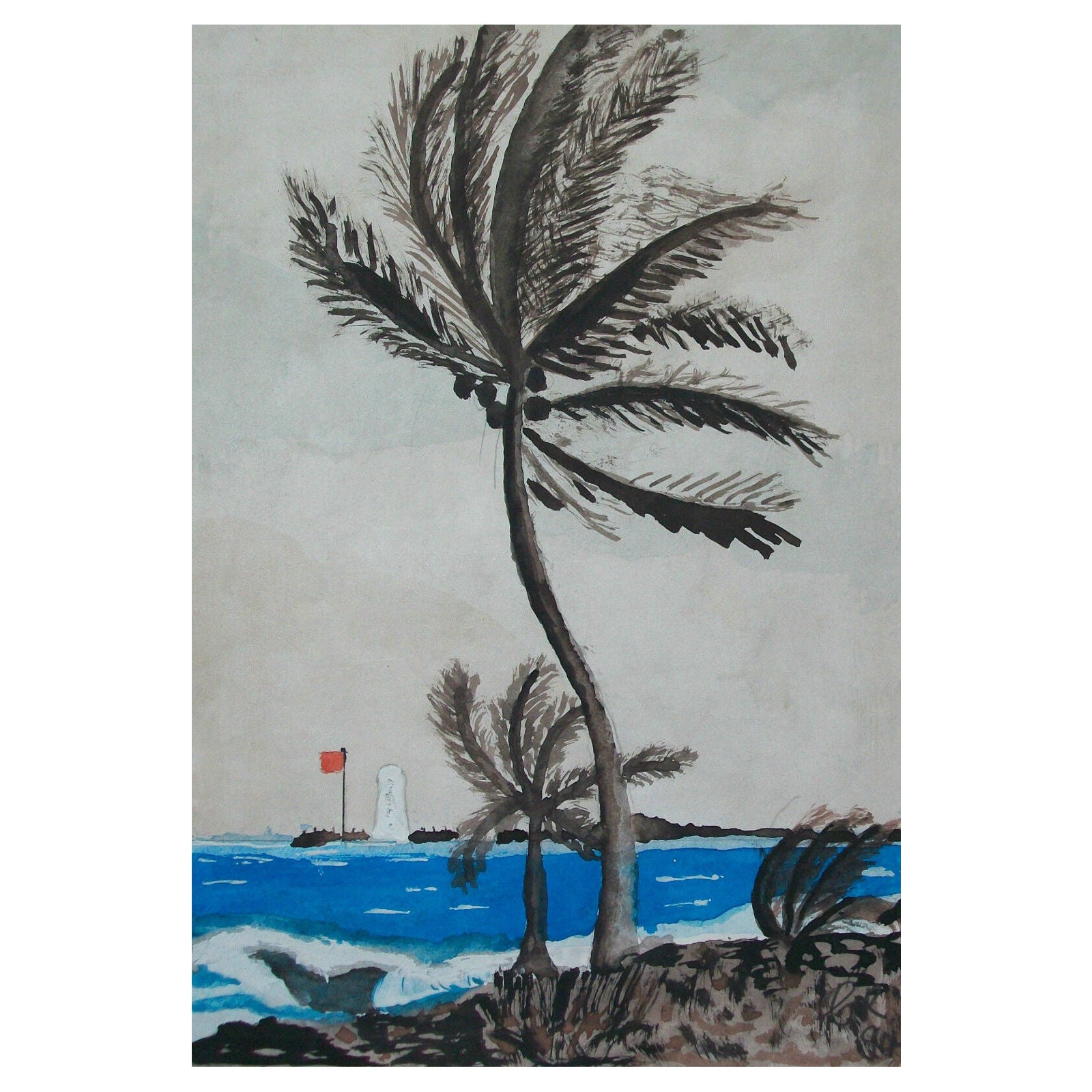 Vintage Caribbean Watercolor Painting on Paper - Initialed - Unframed - C. 1994 For Sale