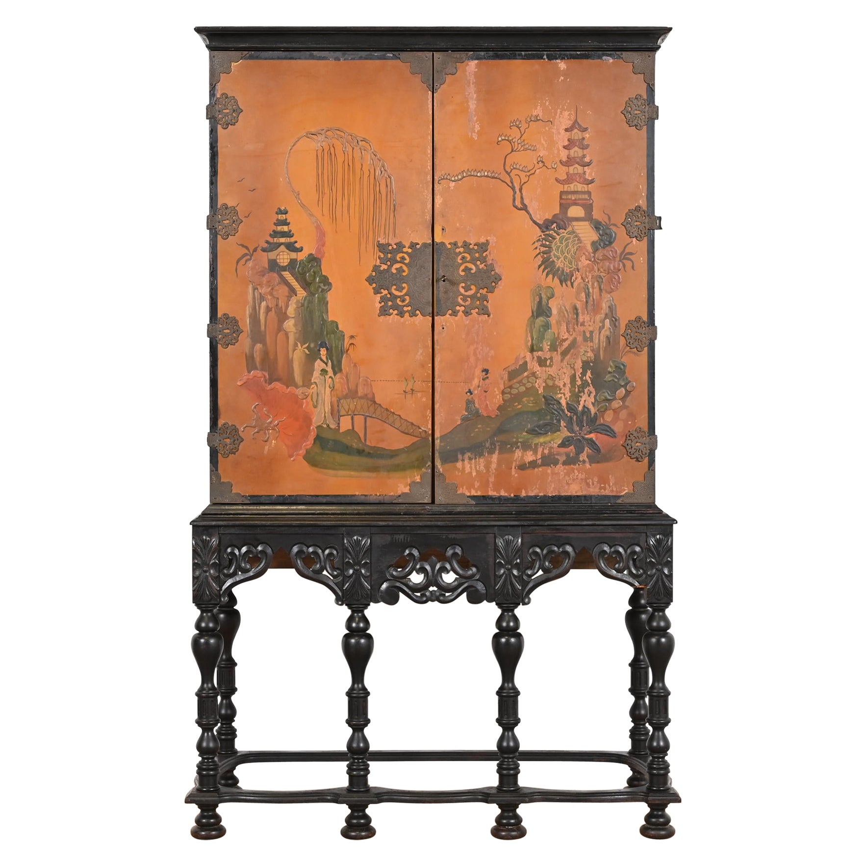 Antique Chinoiserie Jacobean Hand Painted Bookcase or Bar Cabinet, Circa 1900 For Sale