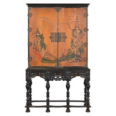 Antique Chinoiserie Jacobean Hand Painted Bookcase or Bar Cabinet, Circa 1900