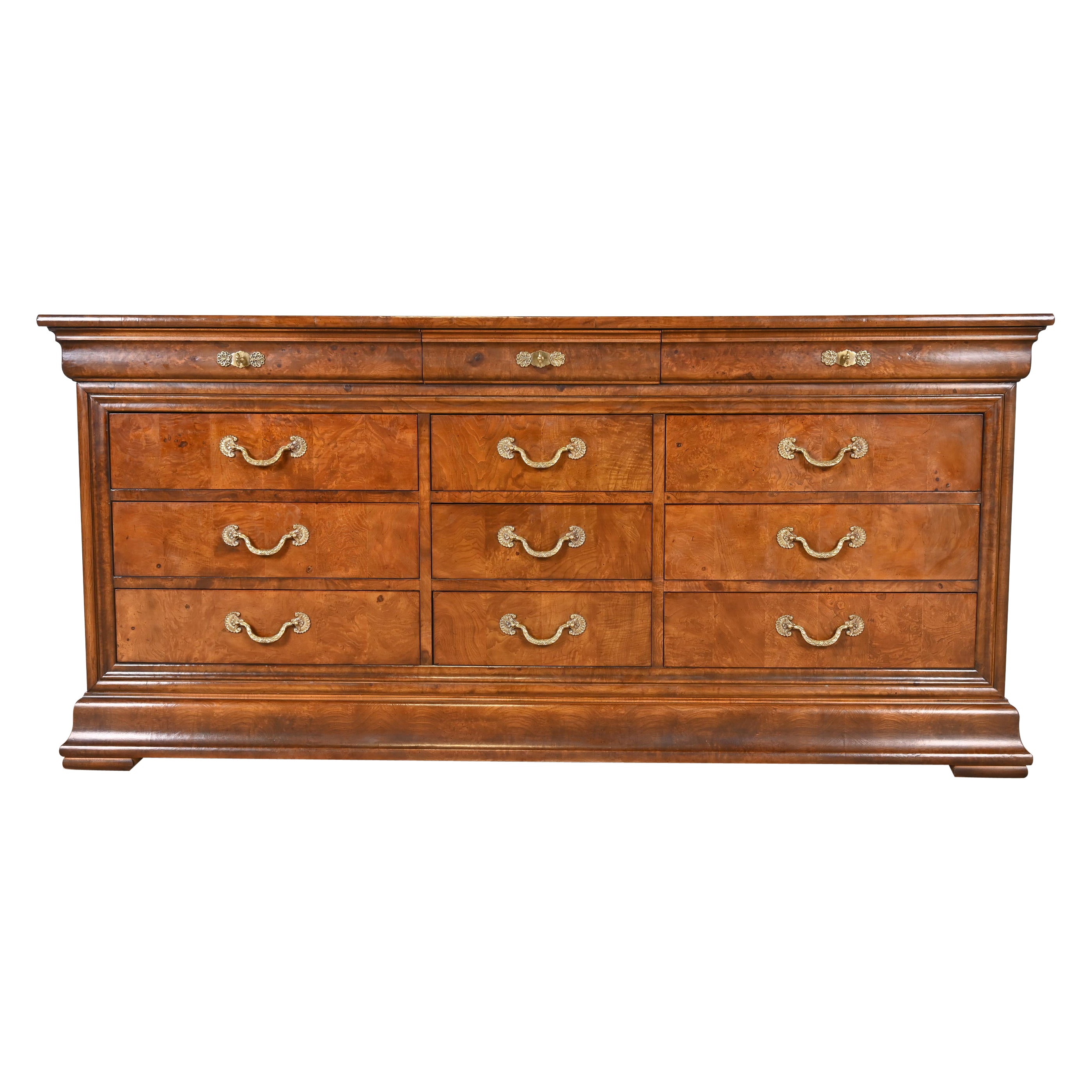 Henredon French Empire Burl Wood Twelve Drawer Dresser For Sale