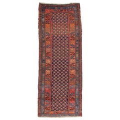 Ancien tapis de couloir persan kurde géométrique bleu, vers 1900, 3,10 x 10,5 pieds