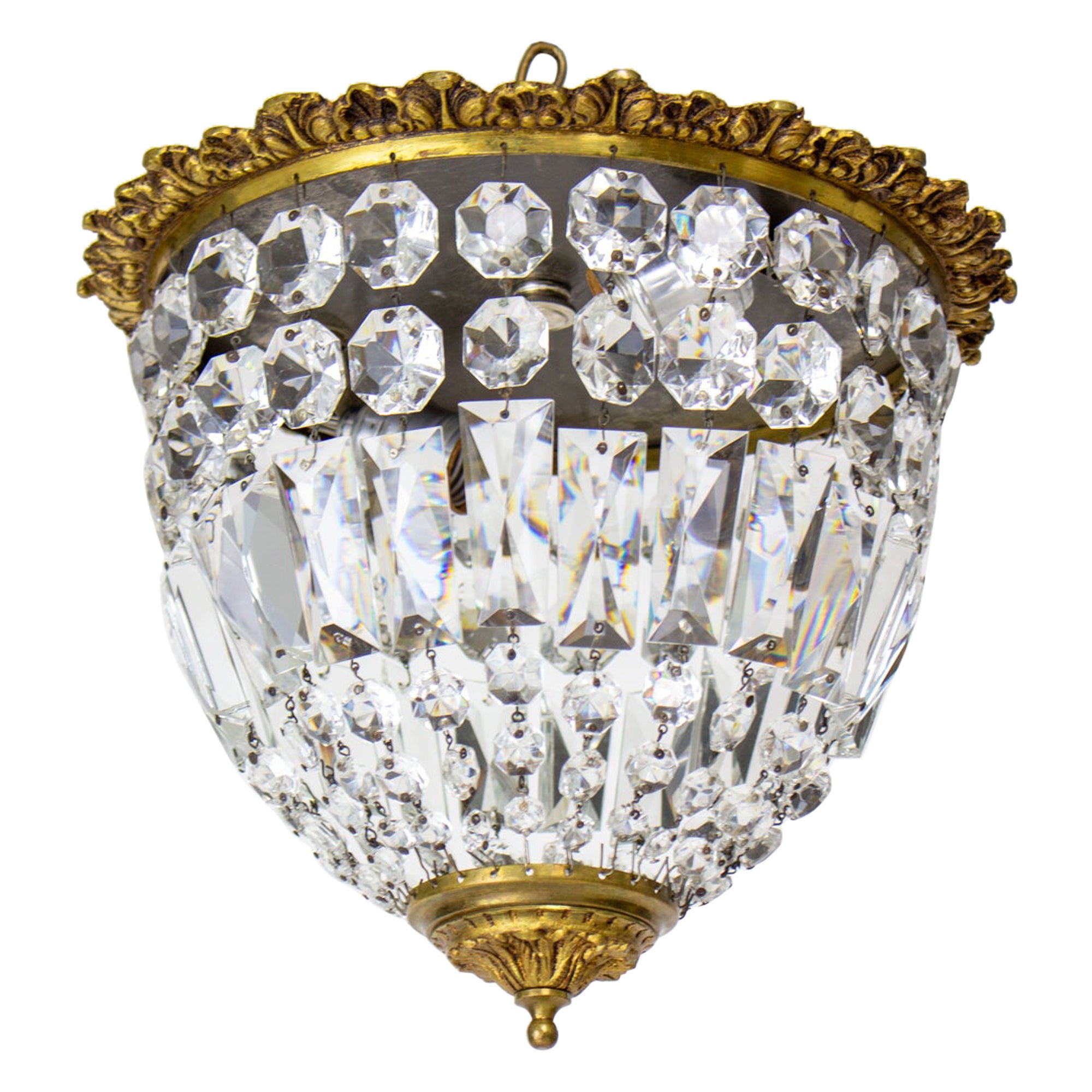 Mid 20th Century Brass and Crystal Basket Flush Mount Fixture
