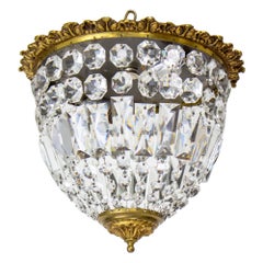 Vintage Mid 20th Century Brass and Crystal Basket Flush Mount Fixture