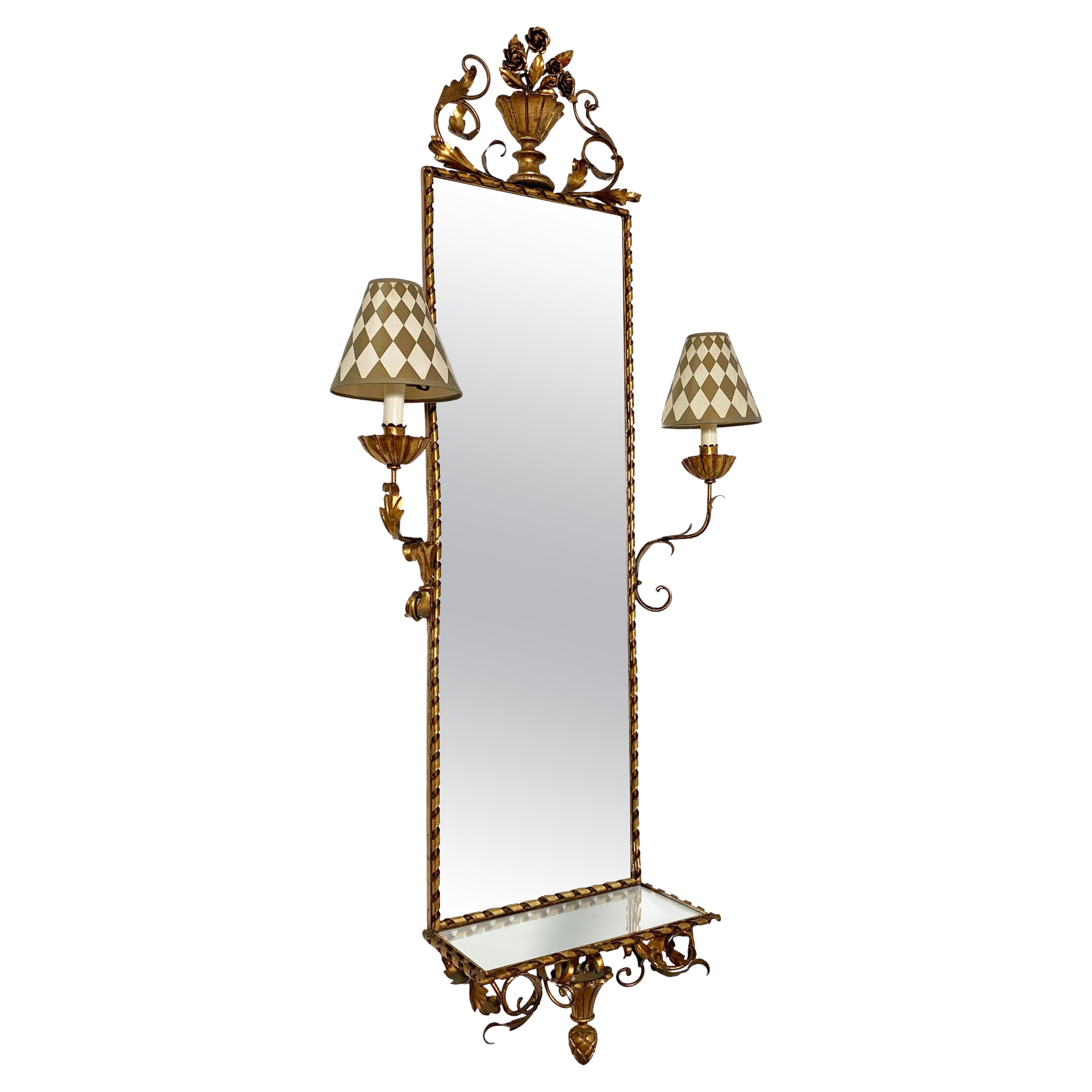 Italian Gilt Hall Mirror with Sconces and Shelf, Ca. 1950s