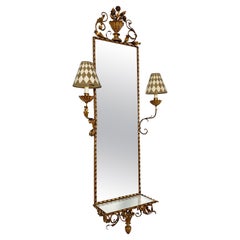 Italienischer vergoldeter Hallenspiegel mit Wandleuchtern und Regal, ca. 1950s