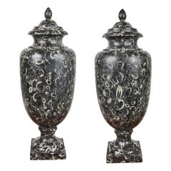 Antique Pair of Solid Nero Facili Covered Urns