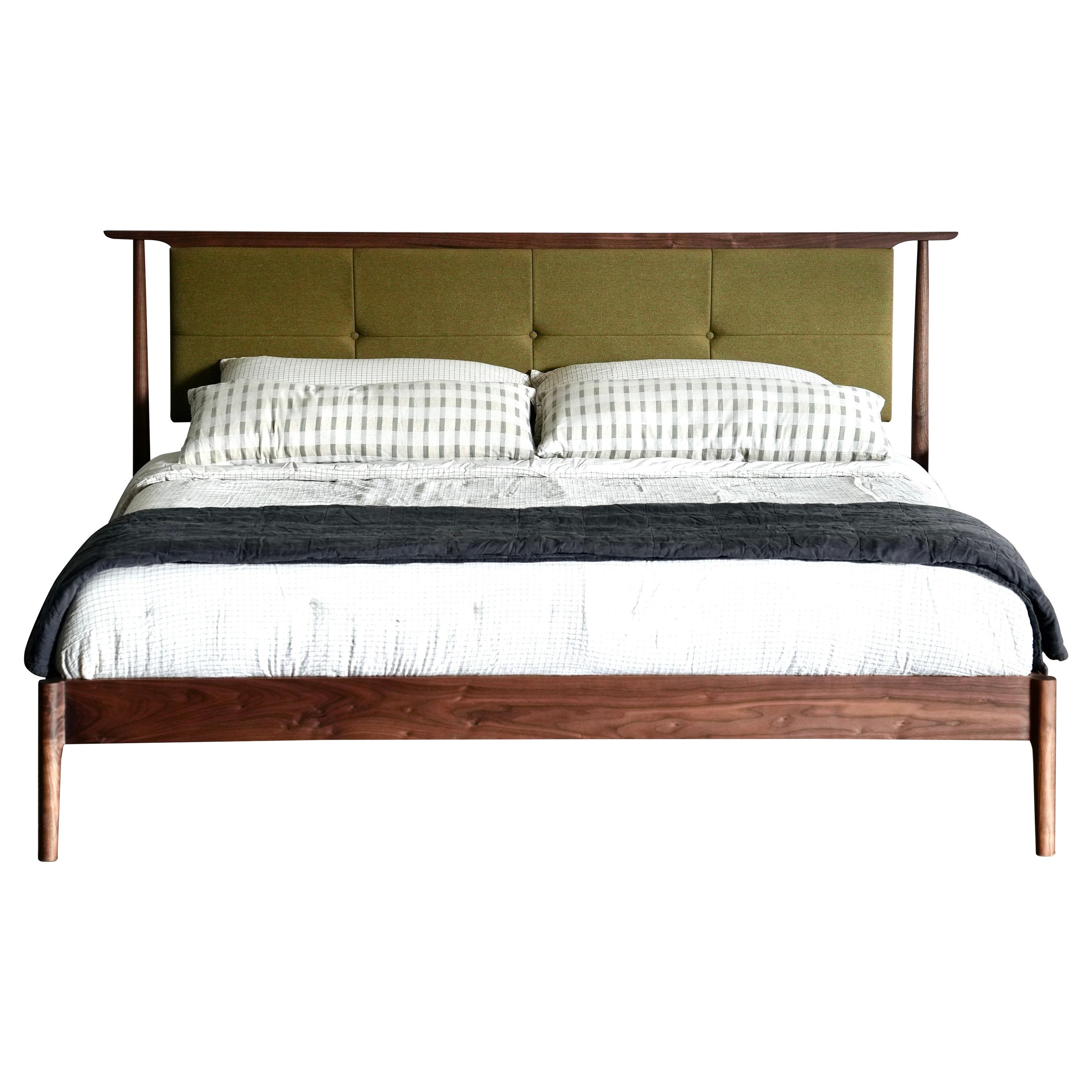 Mid Century Modern Platform Bed With Upholstered Headboard For Sale