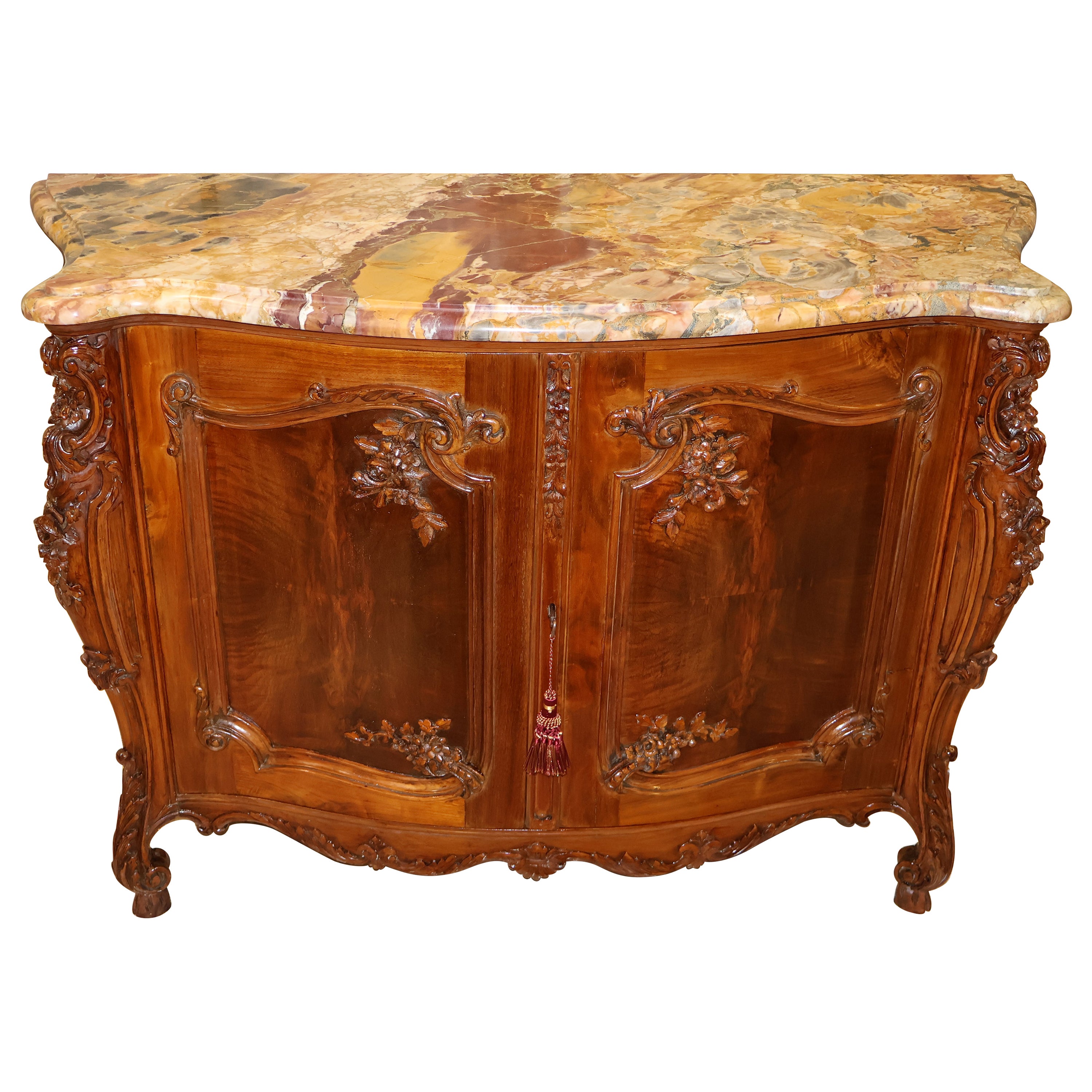 French Marble Top Louis XV Style Carved Circassian Walnut Buffet Chest Commode