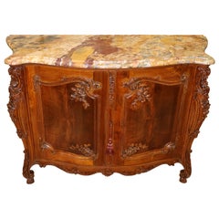 Antique French Marble Top Louis XV Style Carved Circassian Walnut Buffet Chest Commode