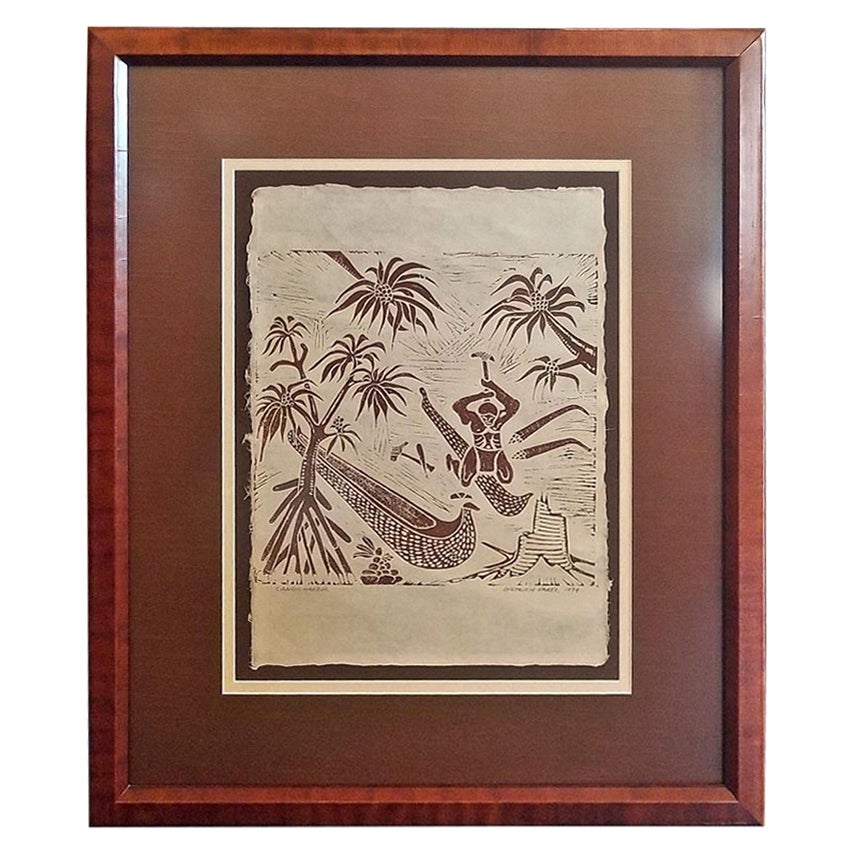 'Canoe Maker' Wood Block Print by Dietrich Varez - 1979 For Sale