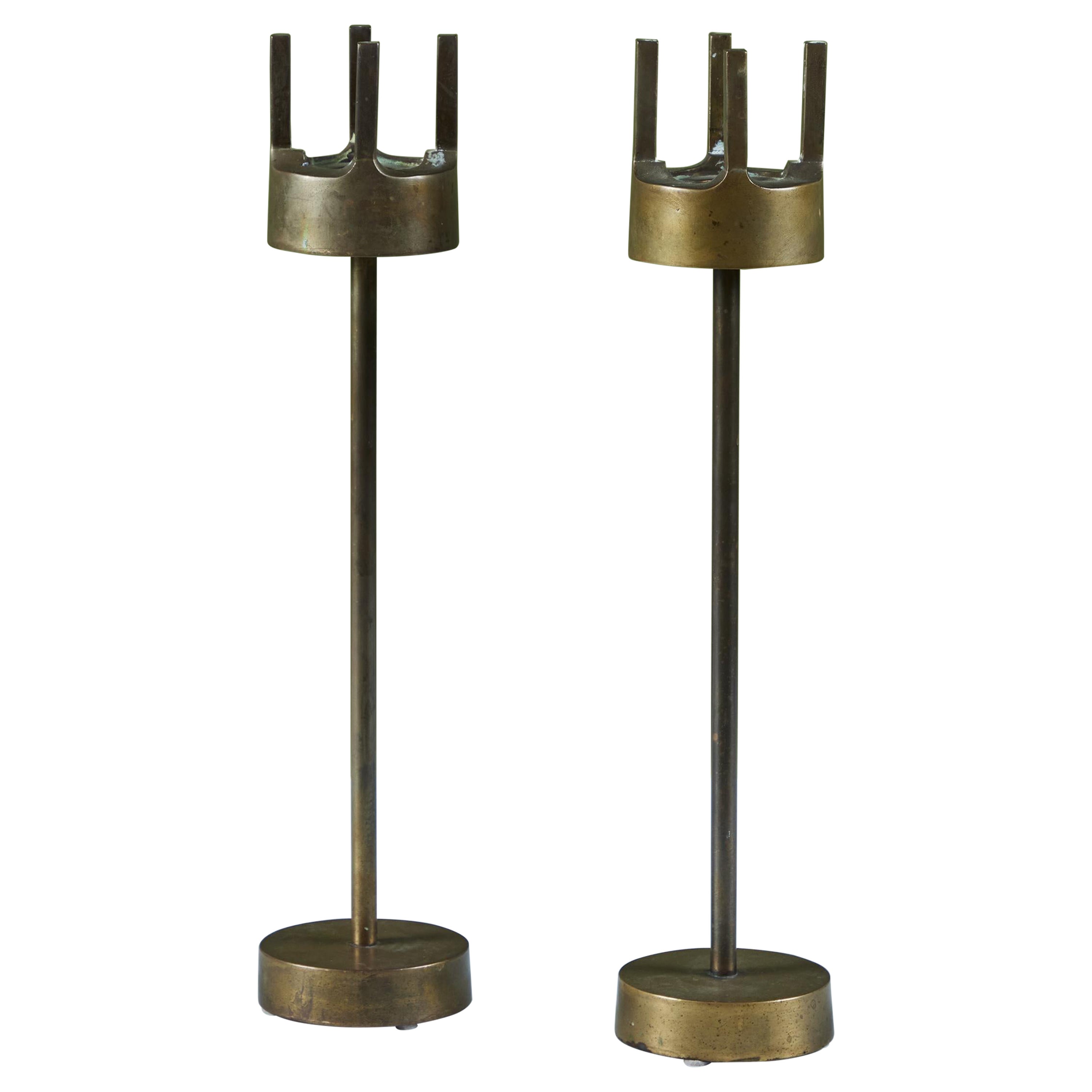 Pair of Brass Brutalist Candlesticks For Sale