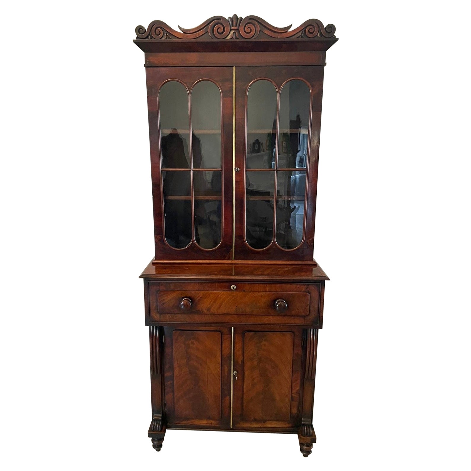Small Antique Regency Quality Figured Mahogany Secretaire Bookcase  For Sale