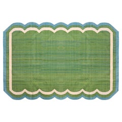 Handmade Cotton Area Flat Weave Rug, 5x8 Green And Blue Scalloped Kilim Dhurrie