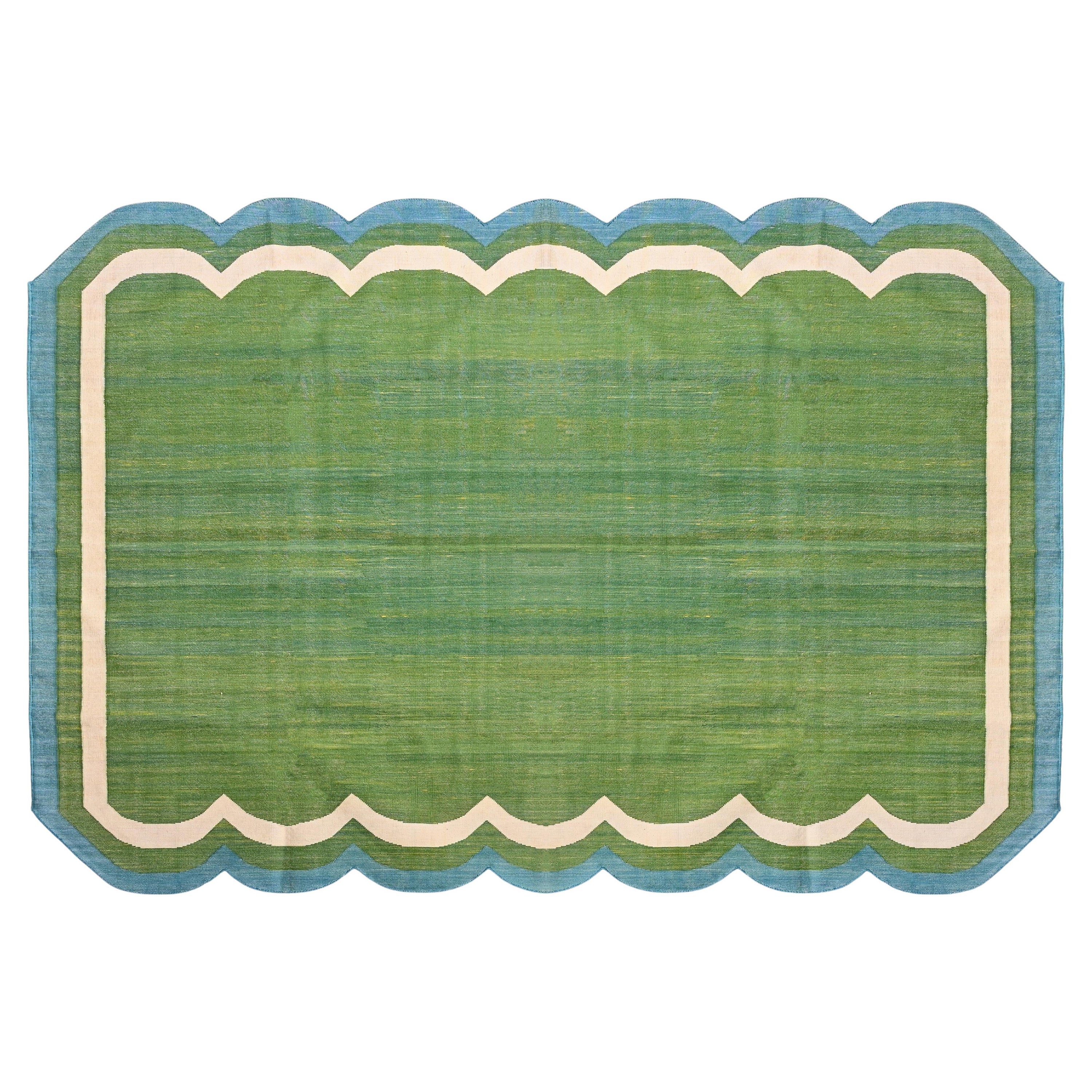 Handmade Cotton Area Flat Weave Rug, 5x7 Green And Blue Scalloped Kilim Dhurrie For Sale