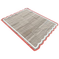 Tapis Dhurrie indien à tissage plat fait à la main, 8 x 10, beige et rouge festonné