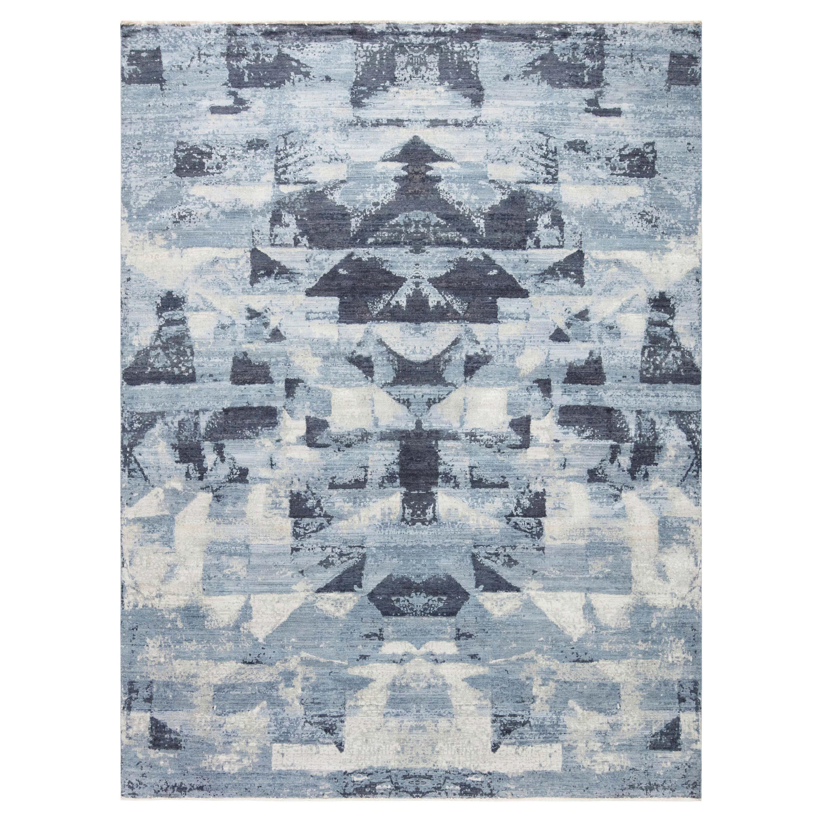 Modern Braque Abstract Geometric Blue and Gray Wool Rug by Doris Leslie Blau For Sale