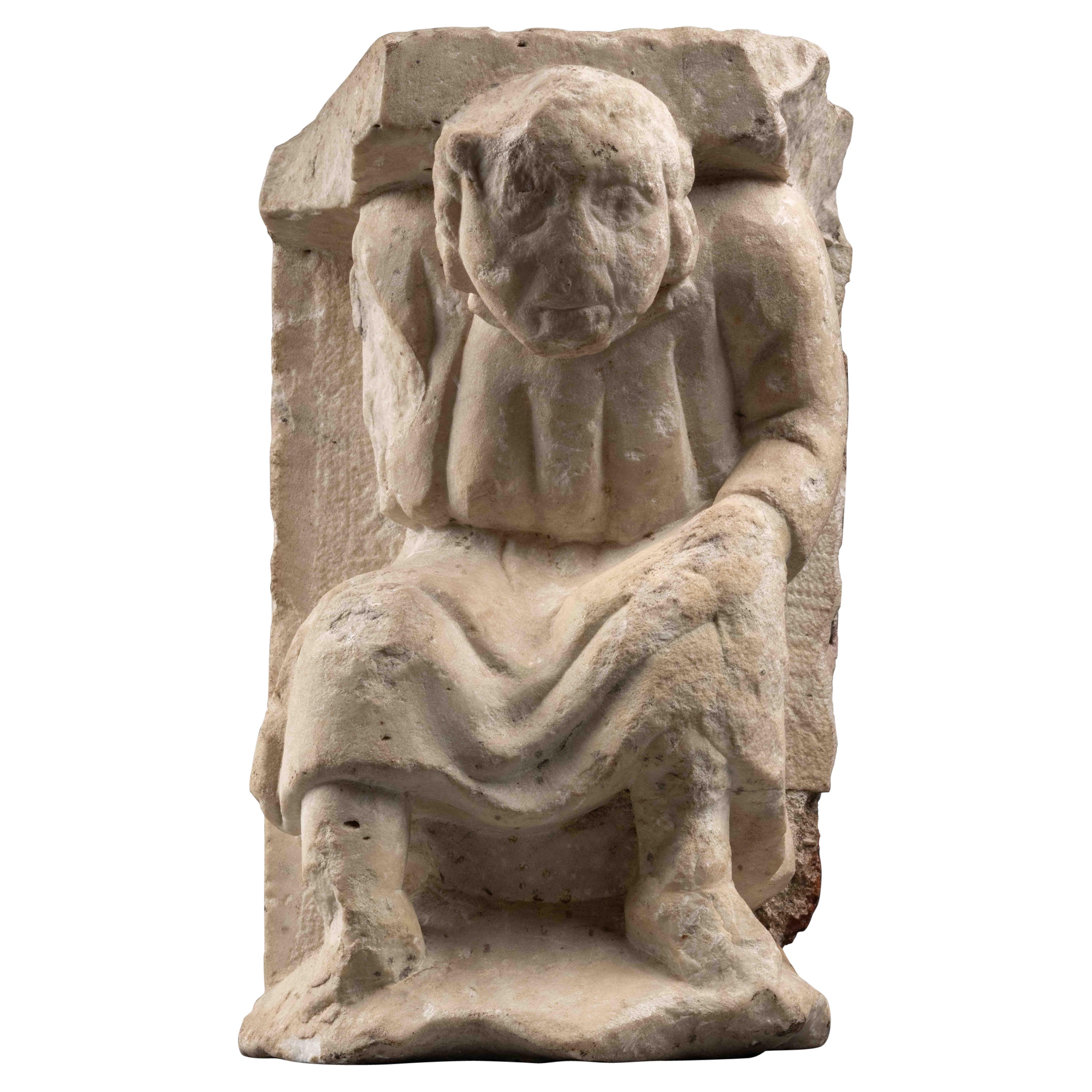 Romanesque Telamon - Northern Italy, late 12th (Reemployed Roman marble) For Sale