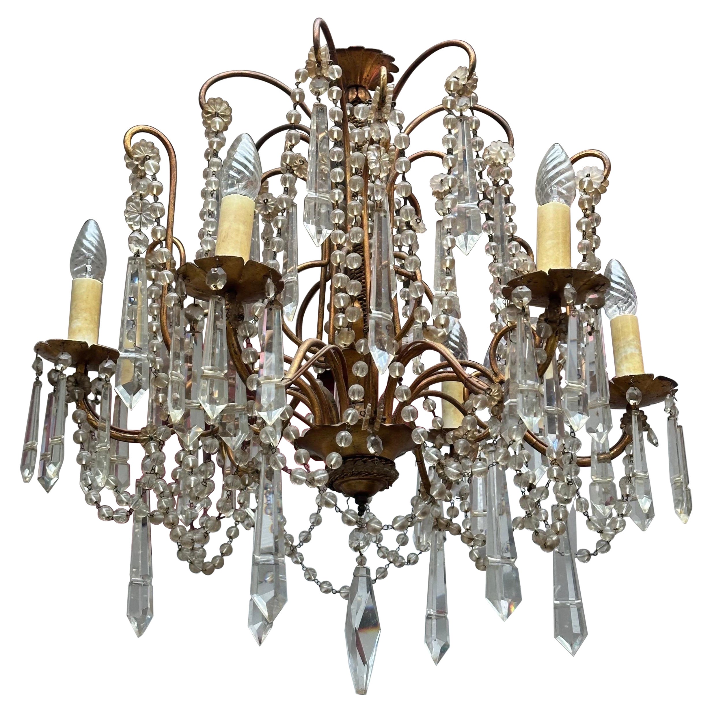 Stunning Murano Italian gilt metal crystal chandelier  For Sale