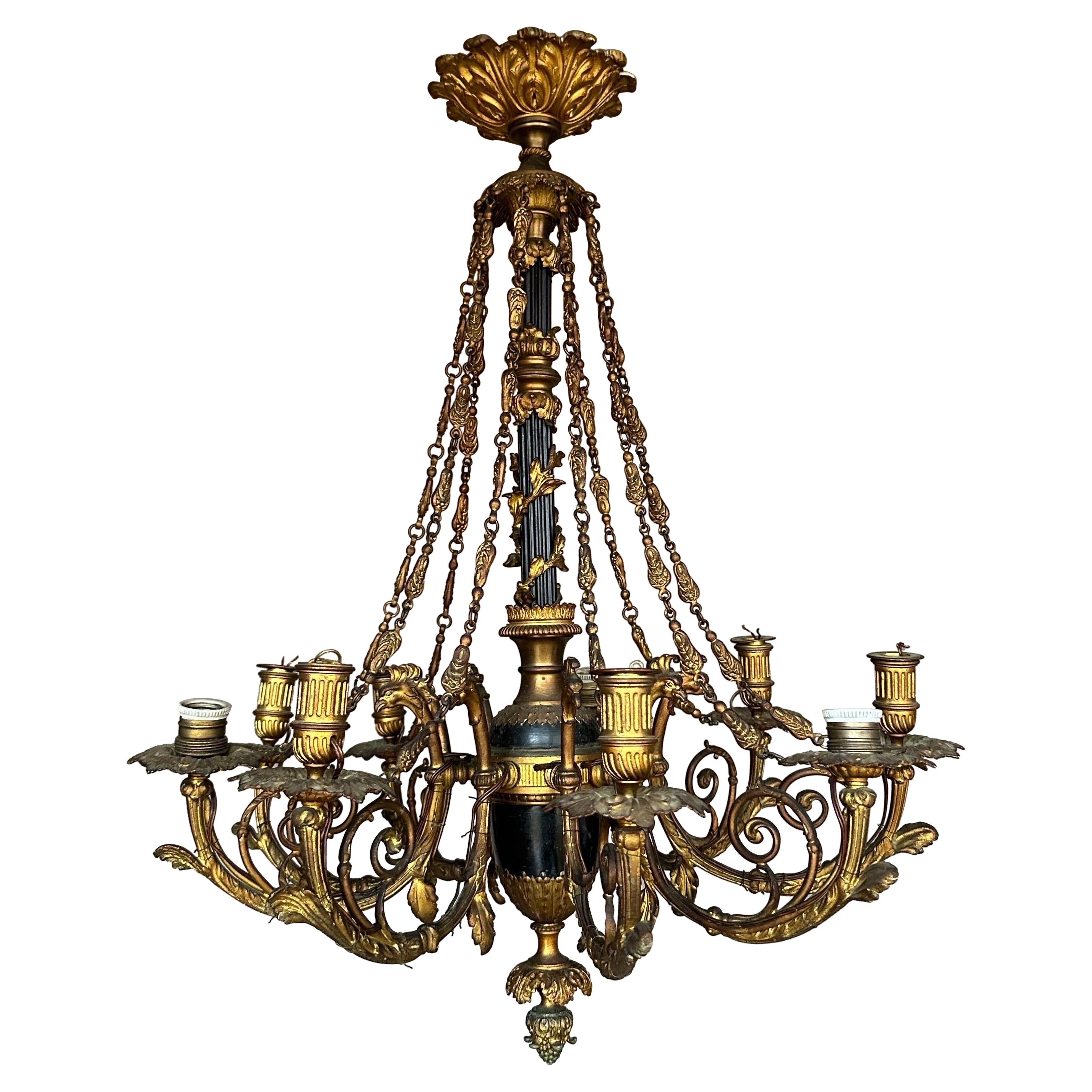 Very rare, provincial, Italian 1840’s bronze and enamel chandelier  For Sale