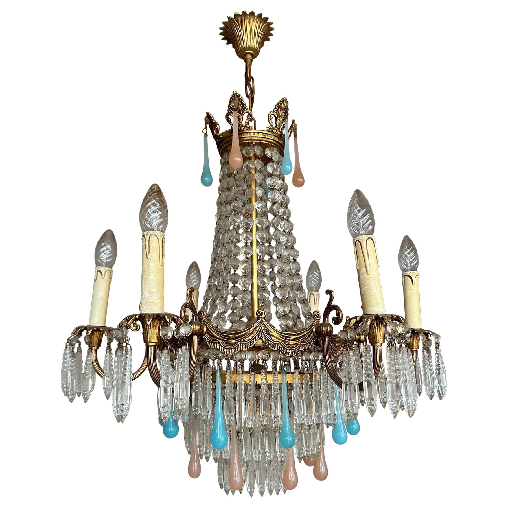 1930’s Italian Murano gilt chandelier with cut crystal  For Sale