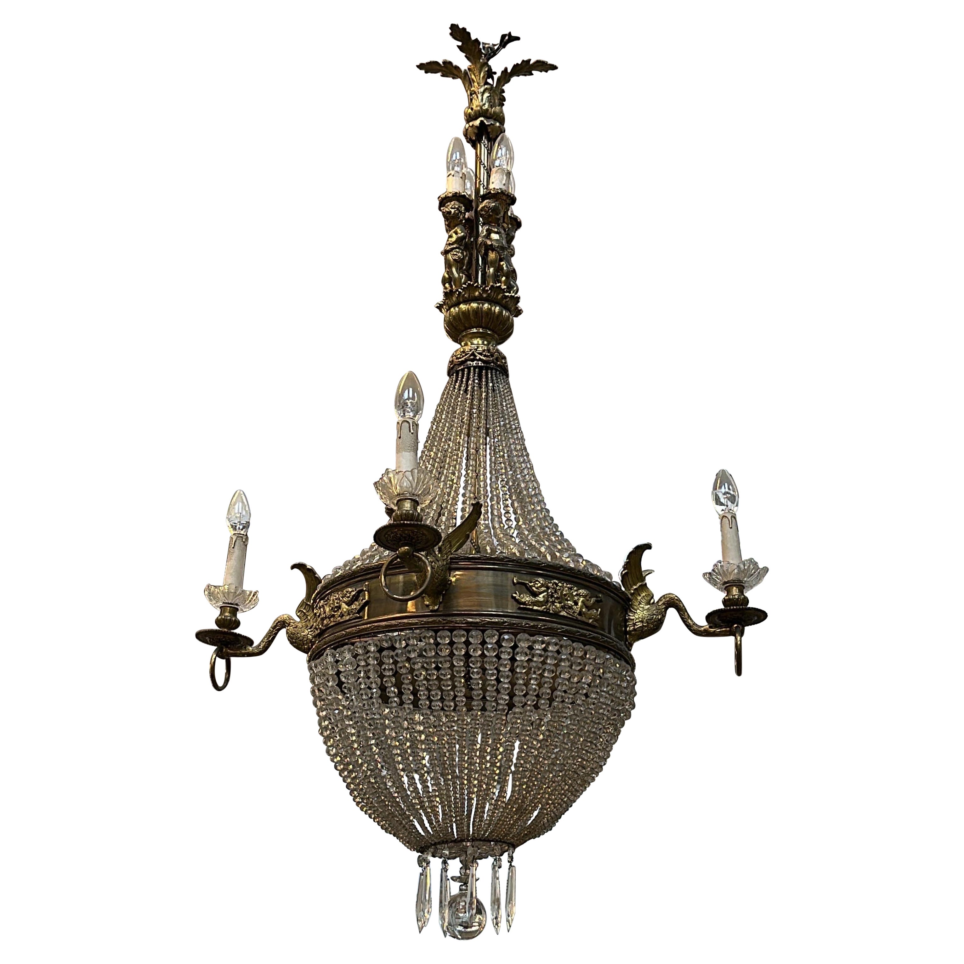 Extremely rare, early 1800’s bronze and crystal, French empire chandelier  For Sale