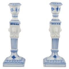 Retro Royal Copenhagen, pair of Blue Fluted candlesticks in porcelain.