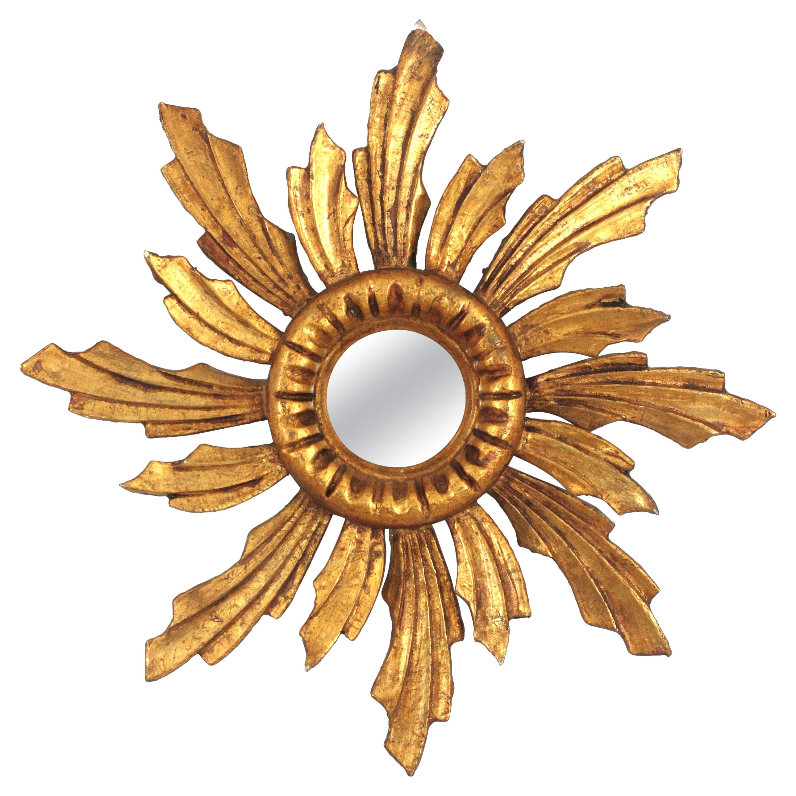 Miroir baroque espagnol Sunburst en bois doré sculpté