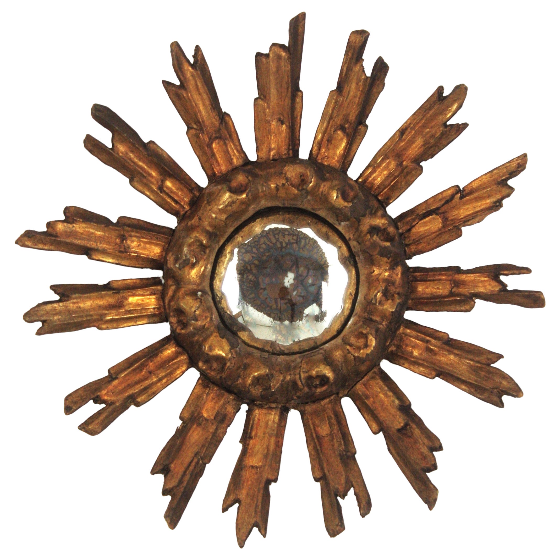 Spanish Baroque Giltwood Convex Sunburst Mirror Miniature, 1940s For Sale