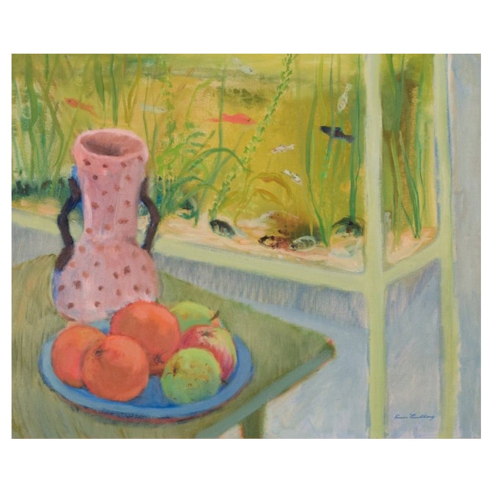 Einar Lindberg, listed Swedish artist. Oil on canvas. Still life with aquarium. For Sale