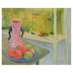 Vintage Einar Lindberg, listed Swedish artist. Oil on canvas. Still life with aquarium.