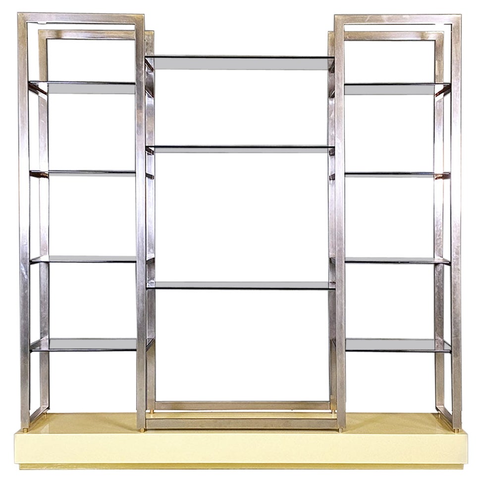 French modern smoked glass metal lacquered wood bookcase by Alain Delon, 1980s For Sale