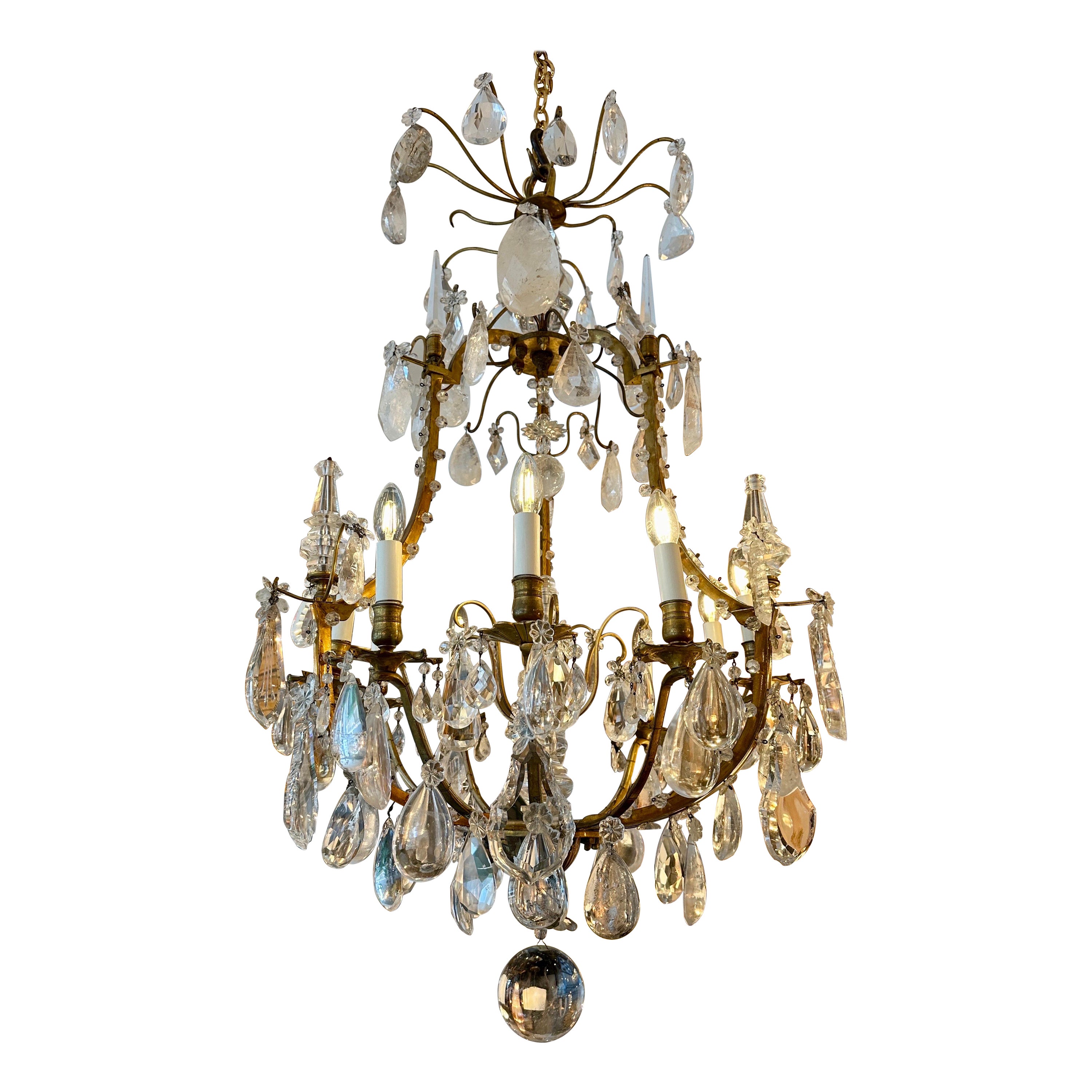 A Large Antique French Rock Crystal and Gilt Bronze Chandelier  For Sale