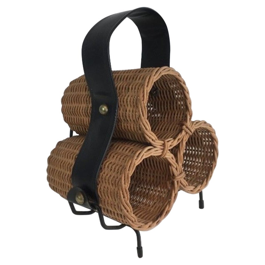 Rattan, Black lacquered Metal and Faux-leather Bottles Rack For Sale
