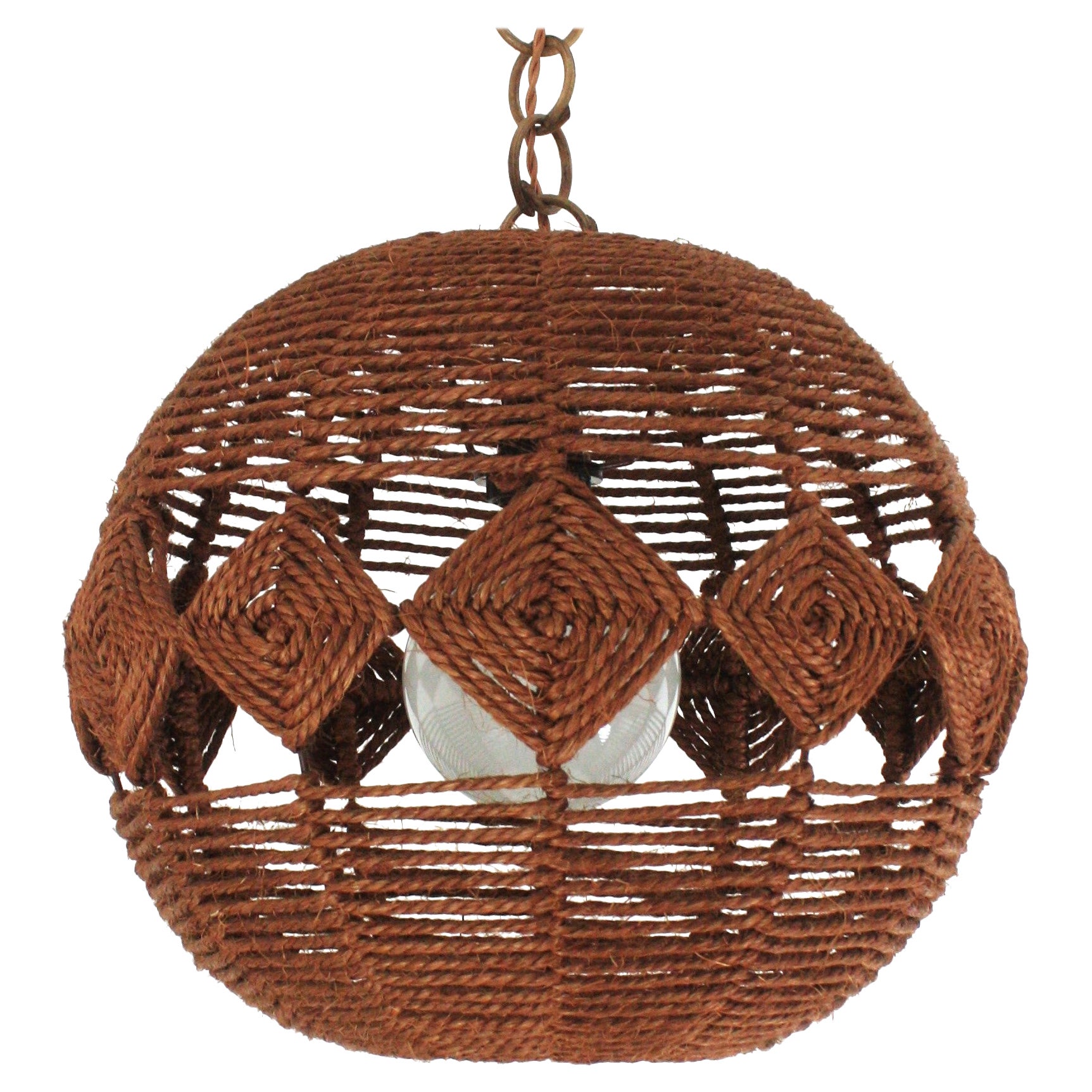 Spanish Large Rope Ball Pendant Light Ceiling Hanging Lamp, 1960s For Sale