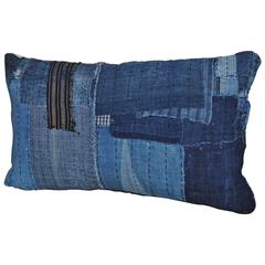 Antique Japanese Hand Loomed Indigo Boro Pillow with Sashiko Stitching