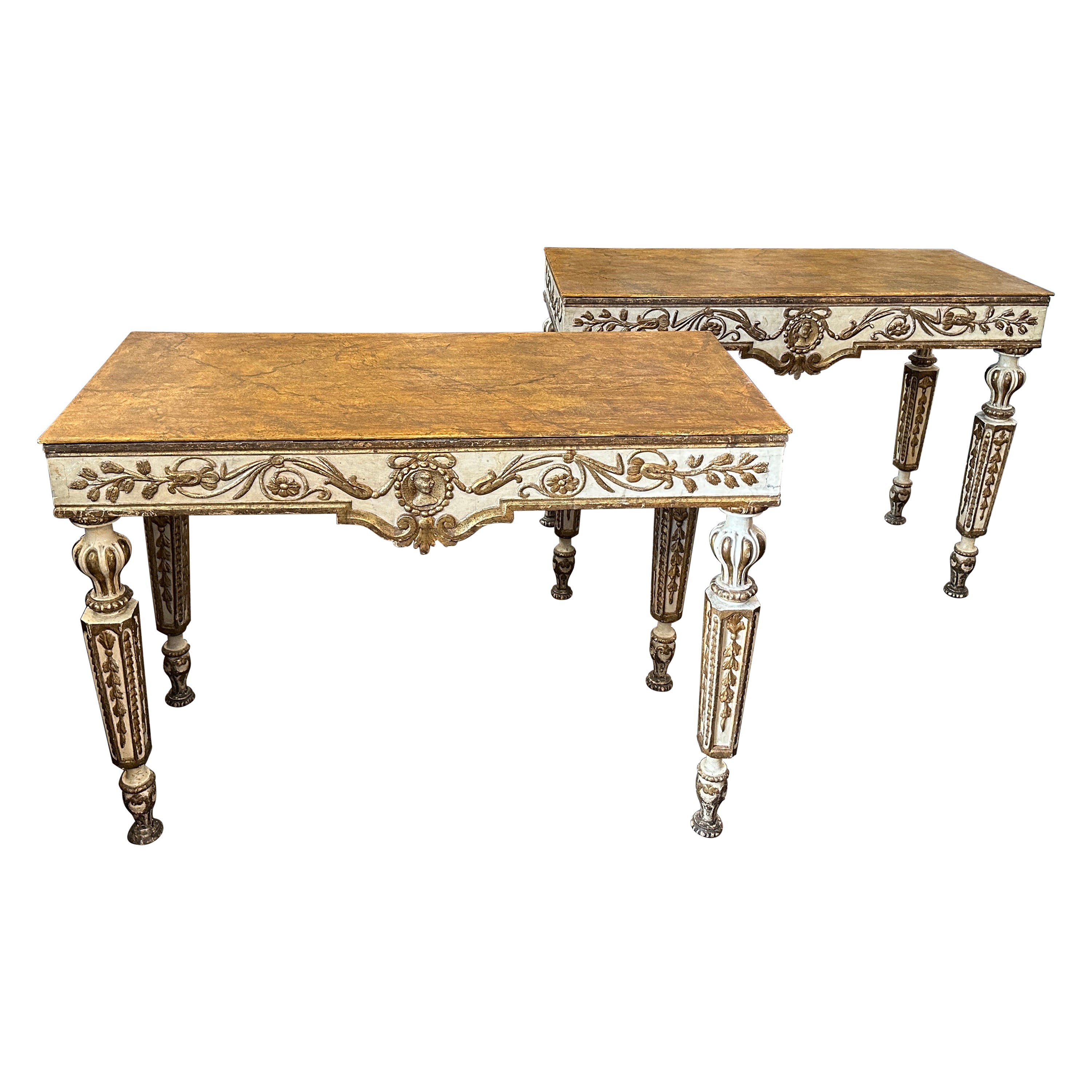 A pair of Louis XVI Ivory Lacquered and Gilded Wood Italian Consoles For Sale