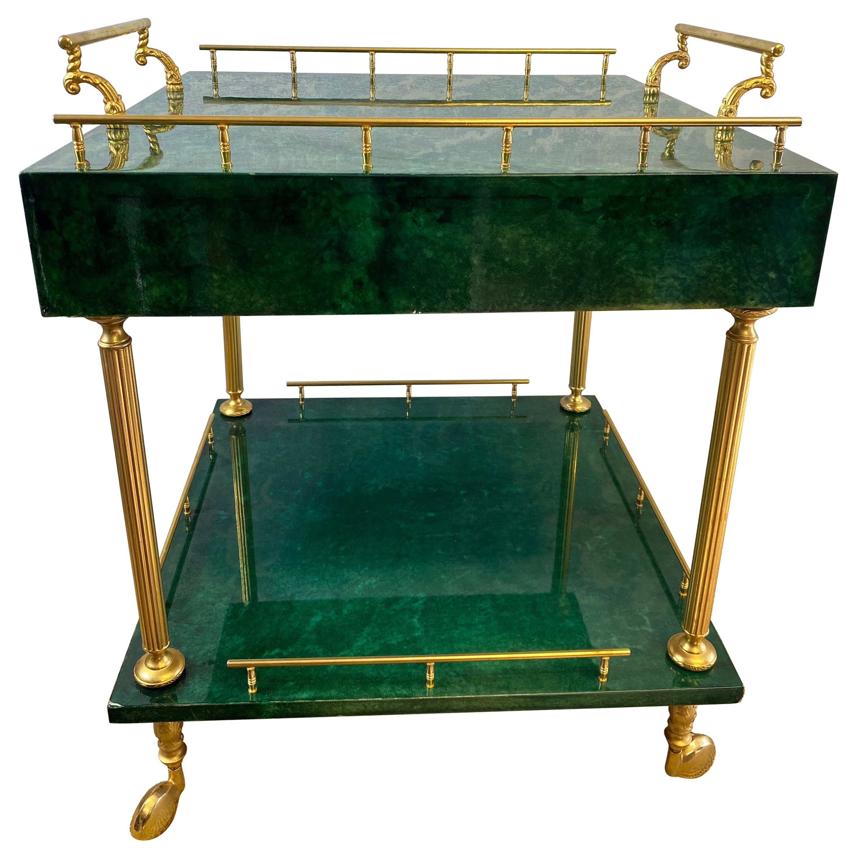 Aldo Tura Side Table on Wheels in Emerald Green with Brass Detail and 2 Drawers For Sale