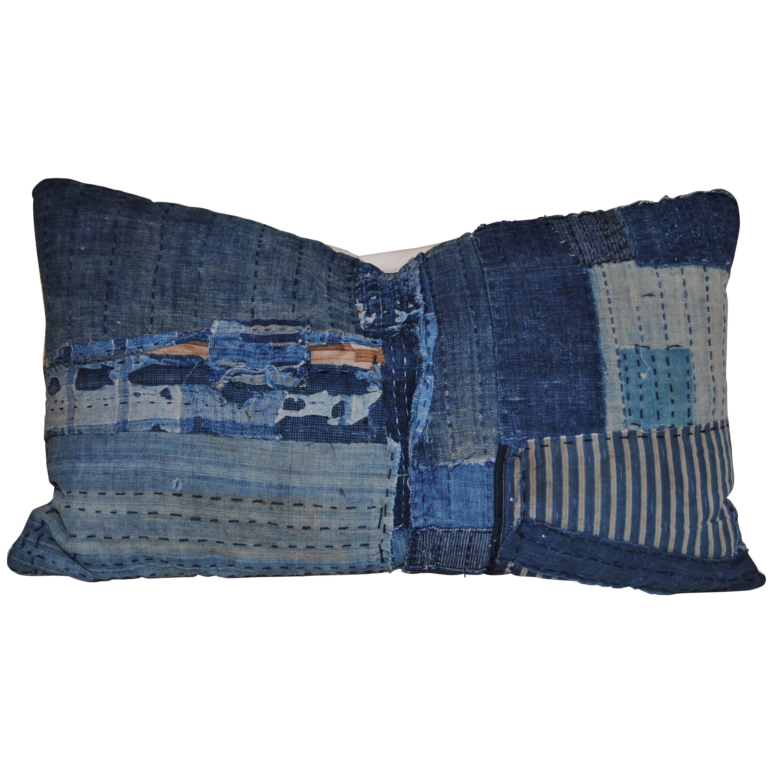 Japanese Antique Indigo Hand Loomed Cotton Boro Pillow with Sashiko Stitching For Sale