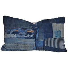 Japanese Antique Indigo Hand Loomed Cotton Boro Pillow with Sashiko Stitching