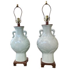 Retro Celedon Ceramic Asian Table Lamps, a Pair