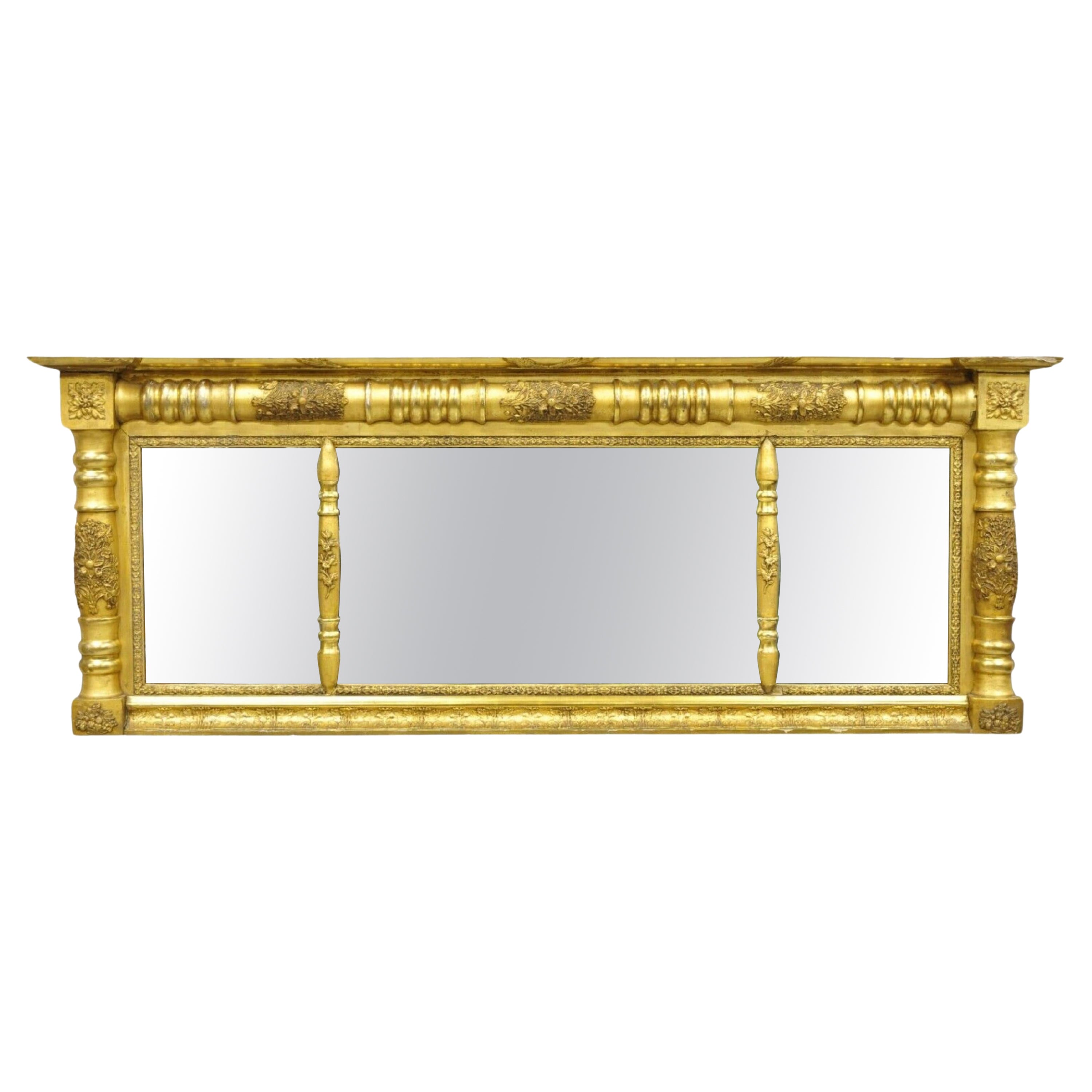 Antique Federal Gold Giltwood Overmantle 66" Triple Mirror en vente