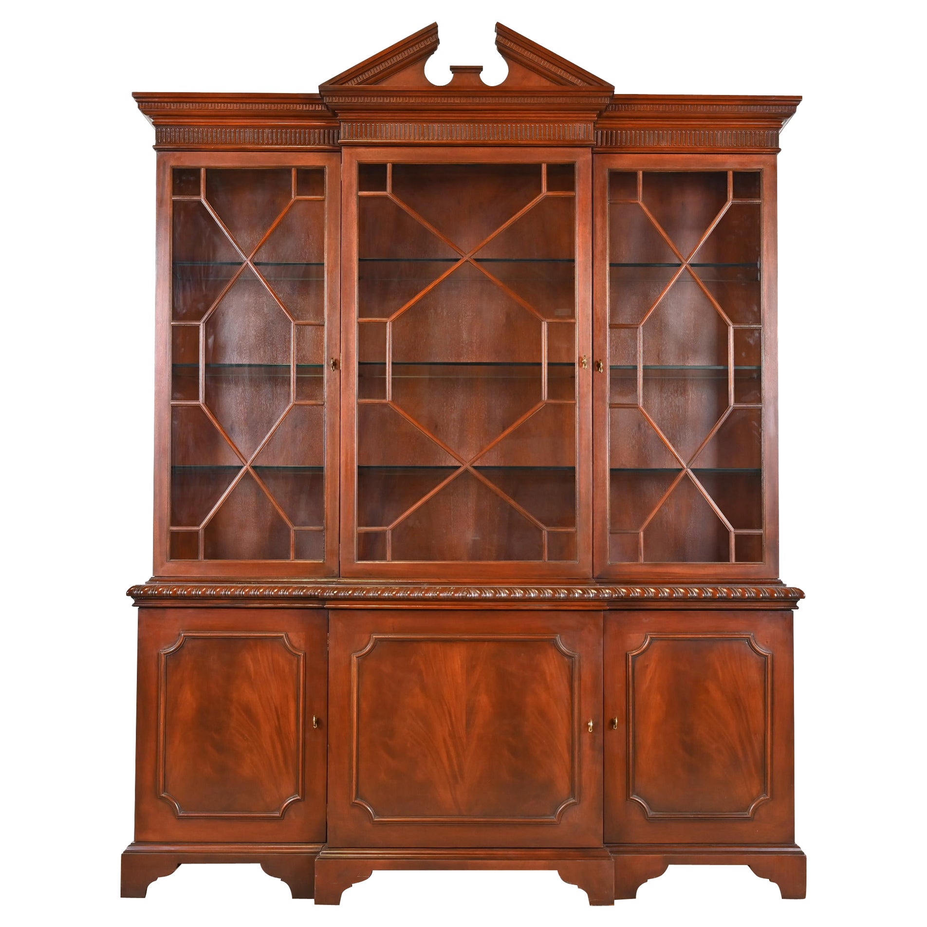 Baker Furniture Historic Charleston Flame Mahogany Breakfront Bookcase Cabinet For Sale