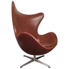 Early Arne Jacobsen Egg Chair in Original Brown Leather by Fritz Hansen