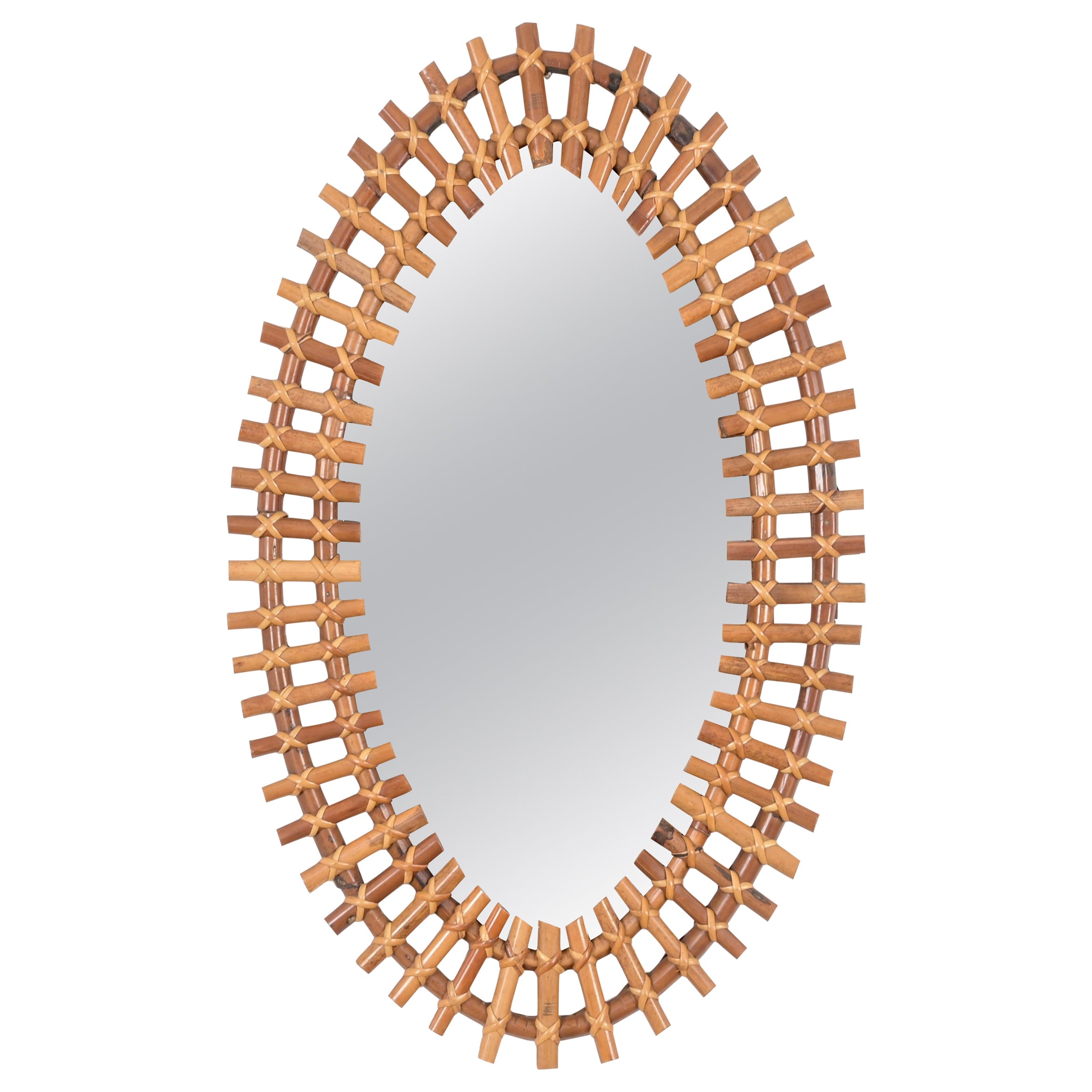 Midcentury French Riviera Oval Mirror in Rattan Wicker and Bamboo, Italy 1960s For Sale