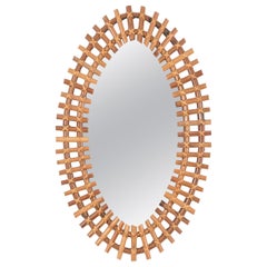 Vintage Midcentury French Riviera Oval Mirror in Rattan Wicker and Bamboo, Italy 1960s